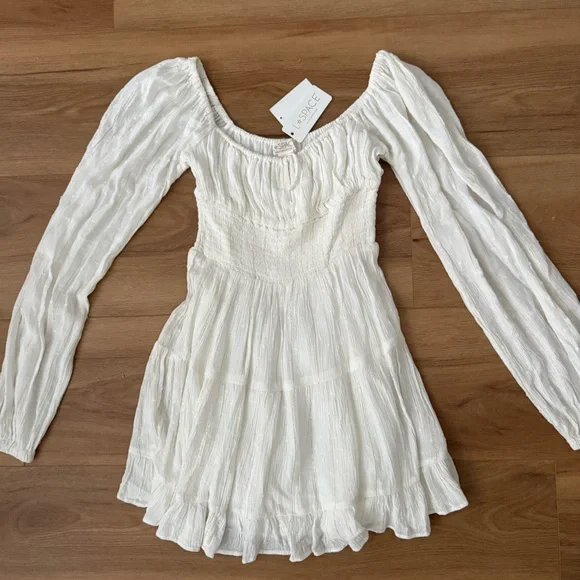 l*space White Long-Sleeve Smocked Bodice Dress - Picture 1 of 4